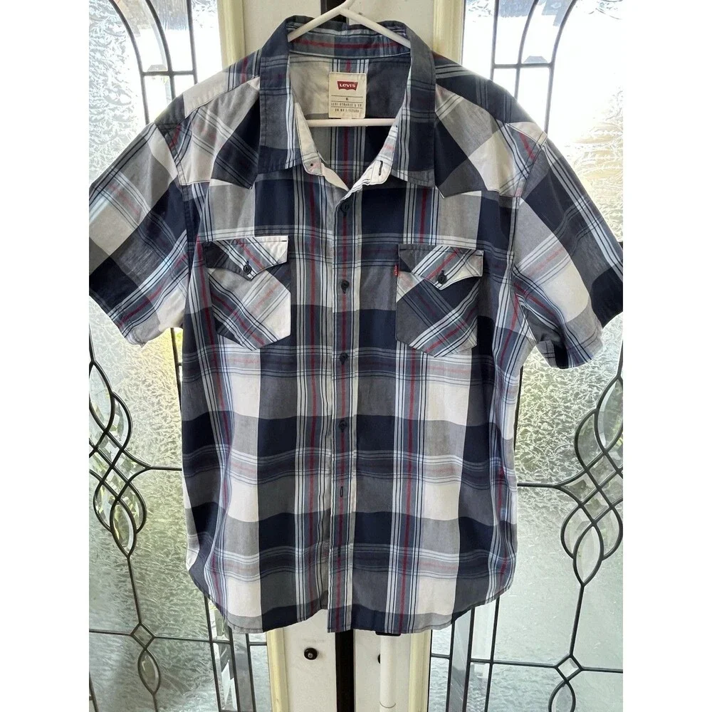 Levi's Men's  Polo Shirt XL  Plaid Blue White Short Sleeve Button-down Cotton